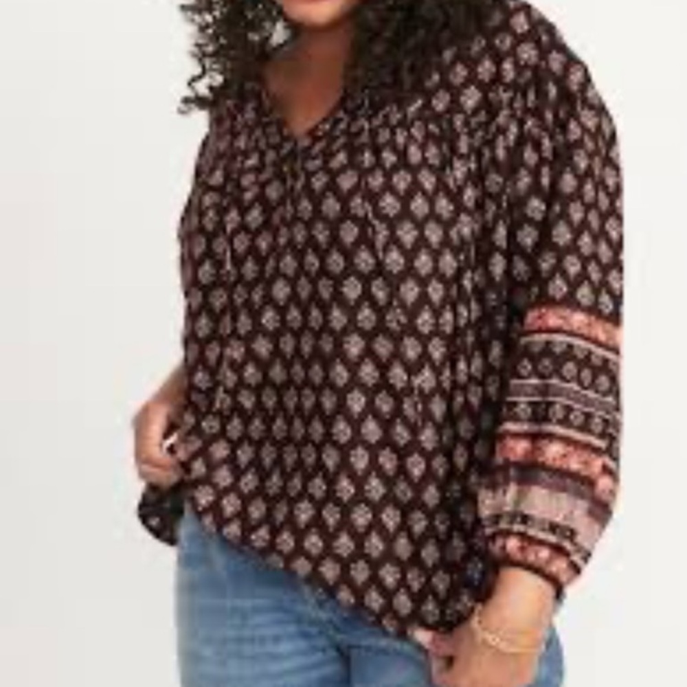 Women's Brown and Orange Floral Pattern Notch Neck Tie Peasant Top